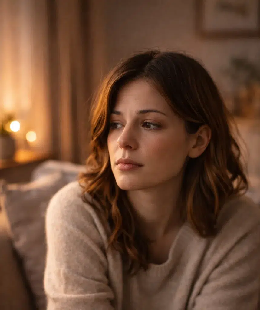 Person sitting indoors with a slightly tense and tired expression, looking off into the distance