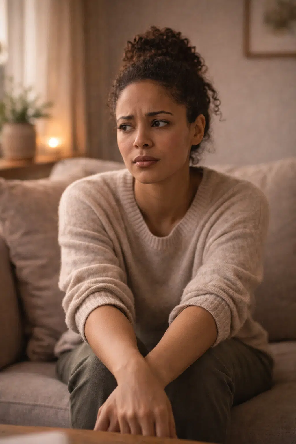 unlocking-mind-understanding-stress Person sitting in a softly lit room with a slightly tense expression, looking off into the distance