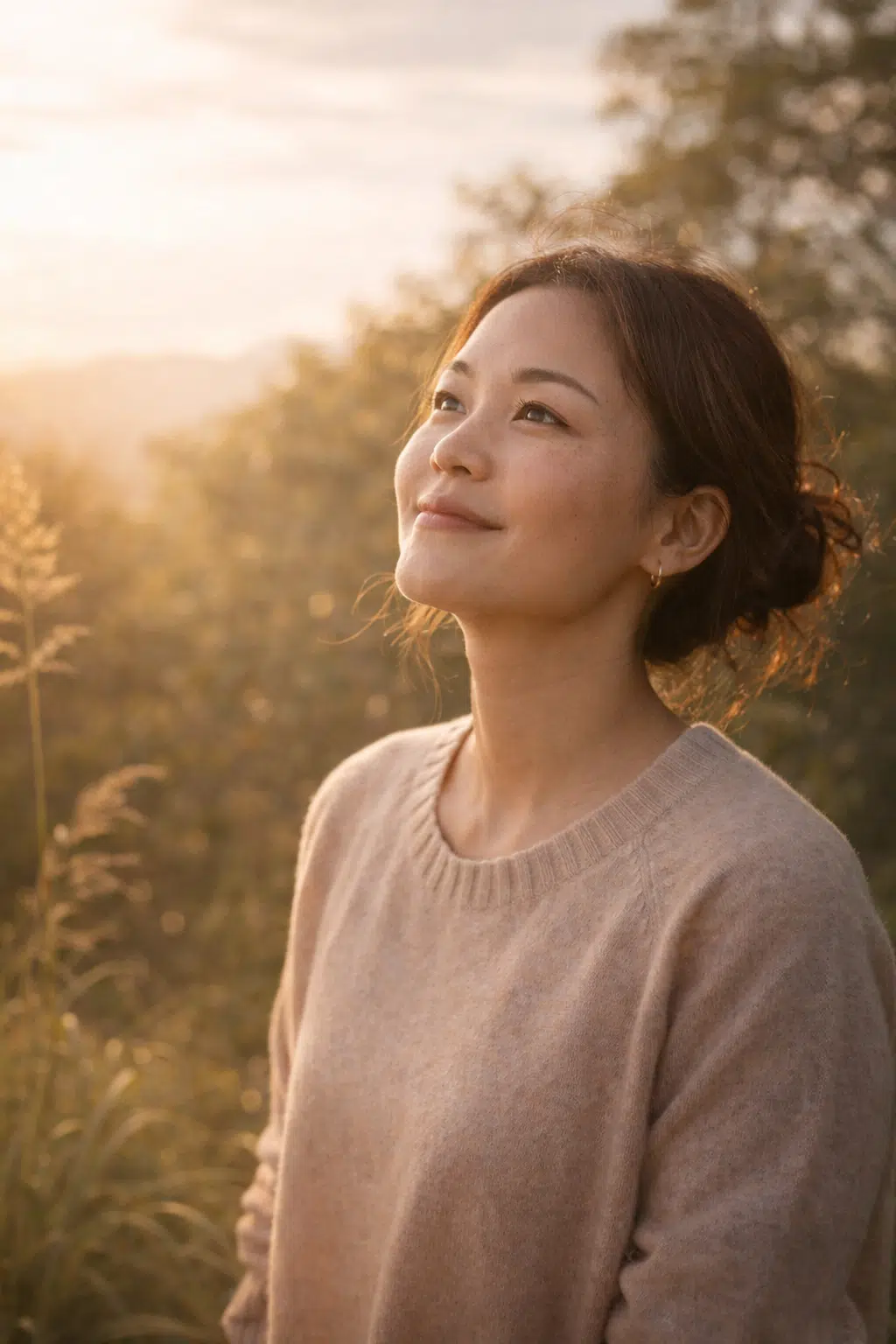 Person standing outdoors in warm morning light, looking calm and open