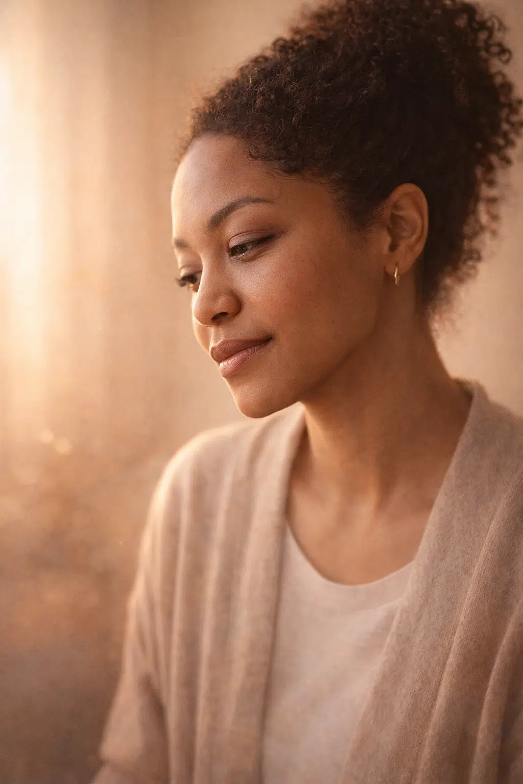 Person sitting in soft warm light with a calm, thoughtful expression, looking gently downward