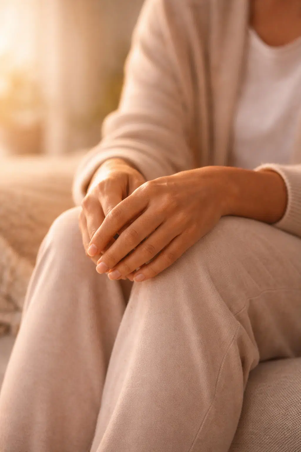Close-up of hands resting gently on a lap in warm soft light