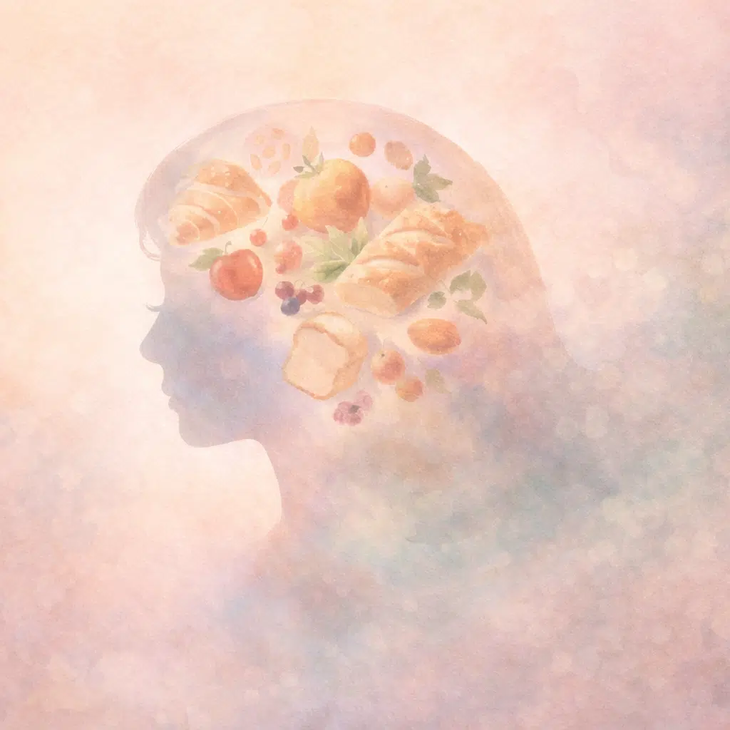 Soft illustration of a woman's profile filled with gentle images of everyday foods, representing thoughts about food or “food noise”.