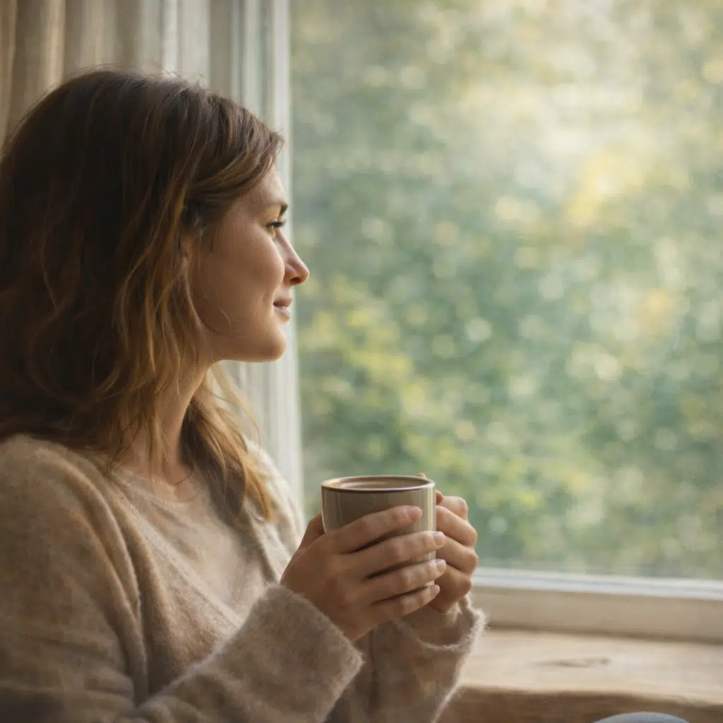 Woman sitting by a window holding a warm mug and looking out at a garden in a calm, reflective moment.