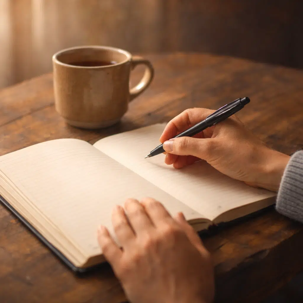 Hands writing in a journal on a wooden table beside a warm cup of tea, creating a calm and reflective moment.
