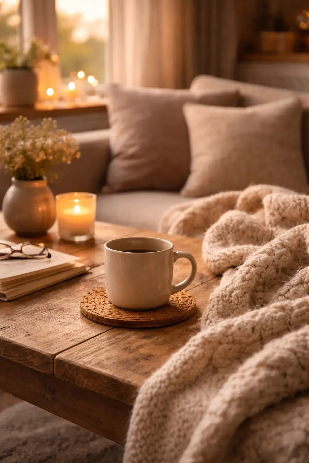 unlocking-mind-emotional-signs Cosy living room scene with a warm drink, soft blanket, and gentle evening light