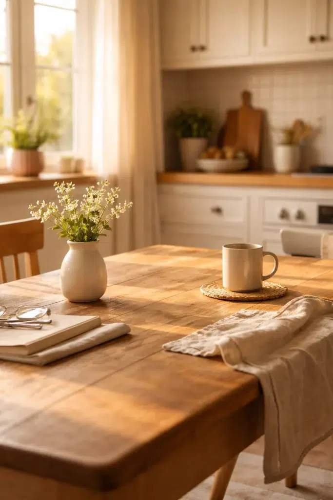 Calm kitchen scene with a wooden table, soft sunlight, and simple objects in warm neutral tones