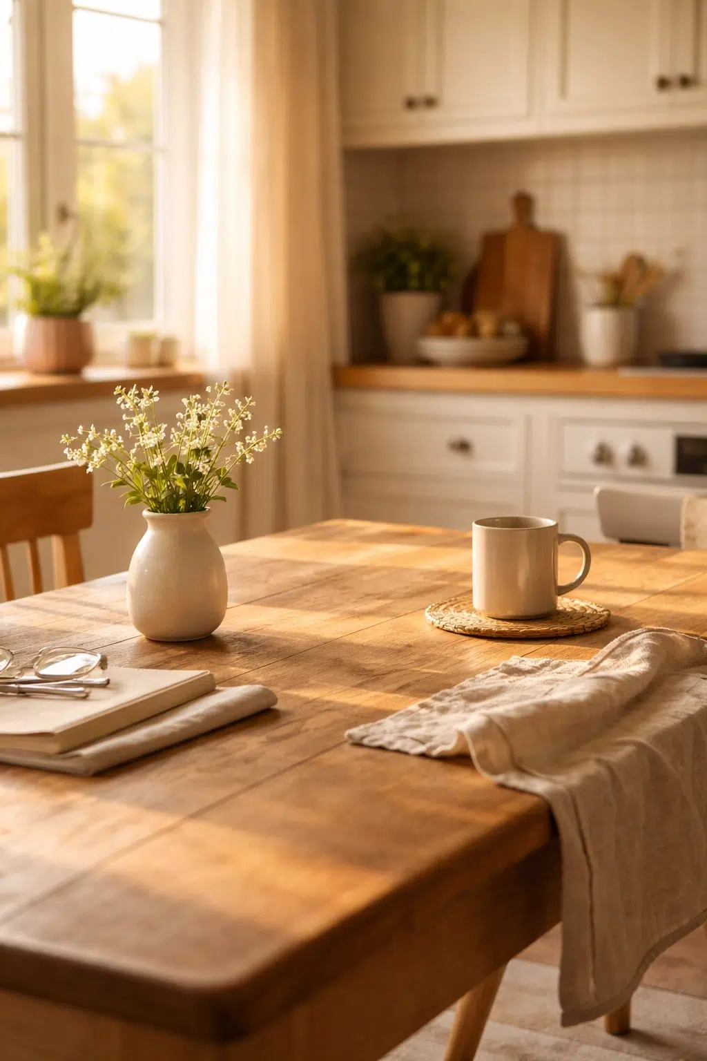 Calm kitchen scene with a wooden table, soft sunlight, and simple objects in warm neutral tones