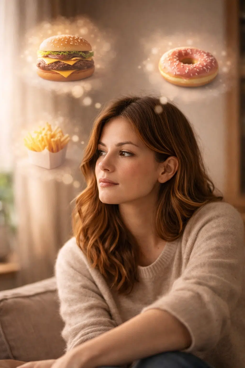 unlocking-mind-understanding-stress Person sitting quietly with a slightly distracted expression, suggesting thoughts about food