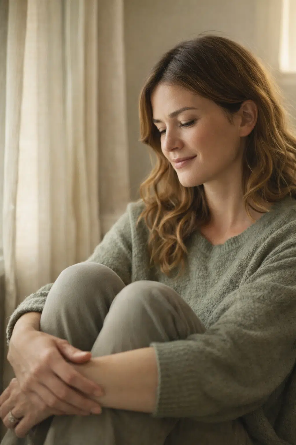 Person resting in a peaceful moment, bathed in soft natural light with a calm expression