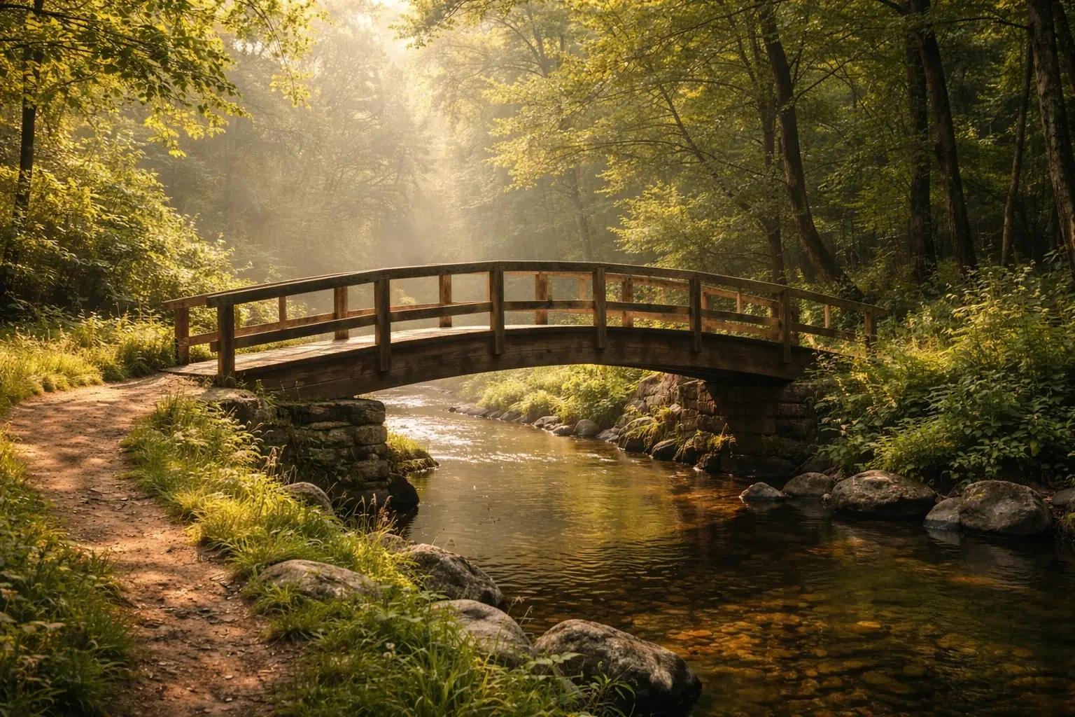 Wooden bridge over a calm stream in soft morning light, creating a peaceful natural scene