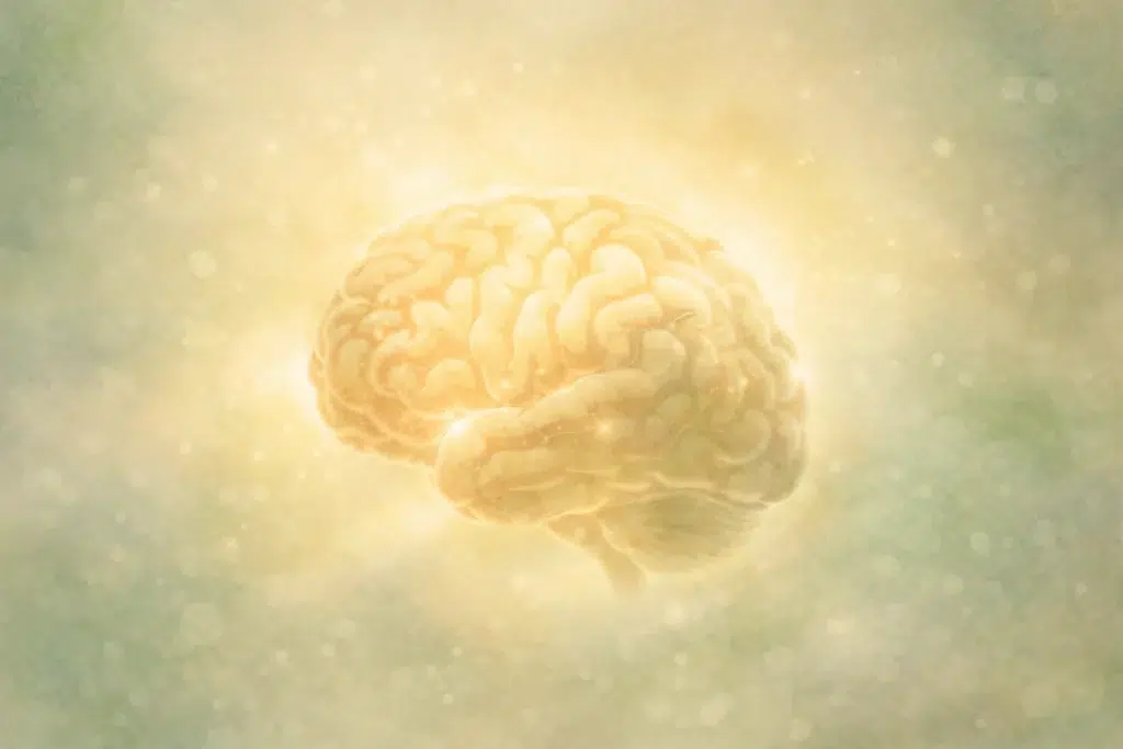 Soft illustration of a human head silhouette with food images inside, representing thoughts about eating and mental focus