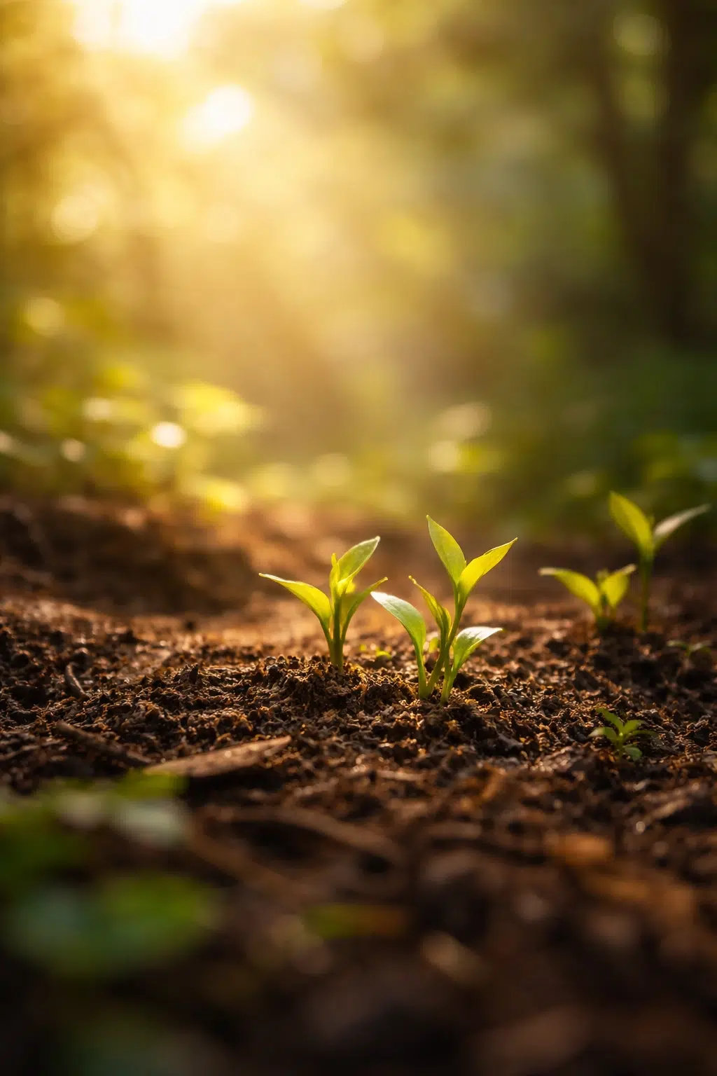 Small green plants growing from dark soil in warm sunlight, representing growth and new beginnings