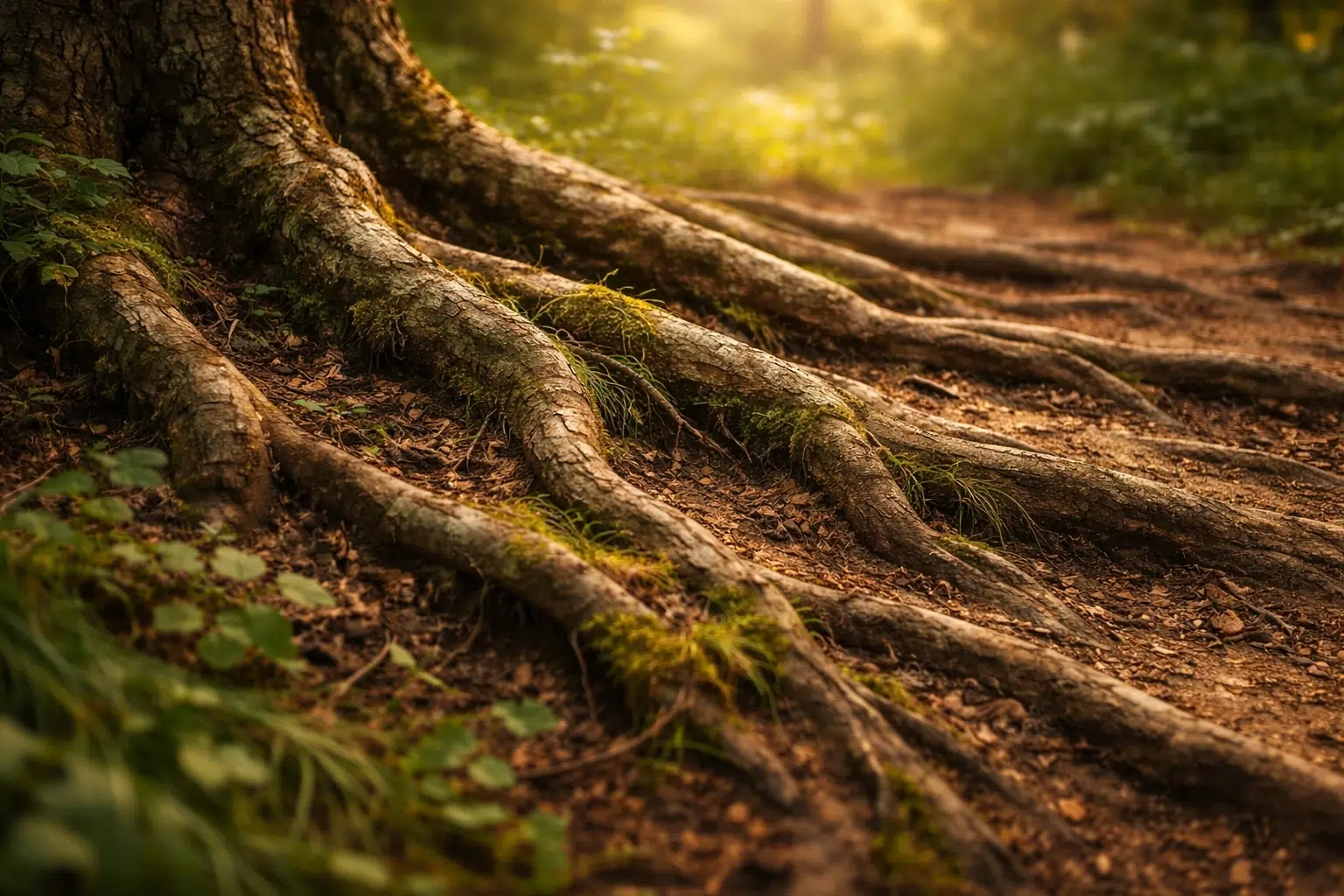 Close-up of tree roots across forest ground, symbolising deep patterns and foundations