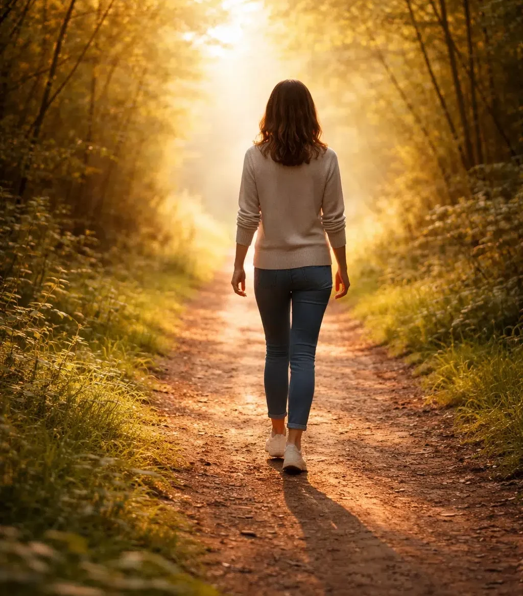 Person walking along a forest path toward warm light, symbolising hope and moving forward