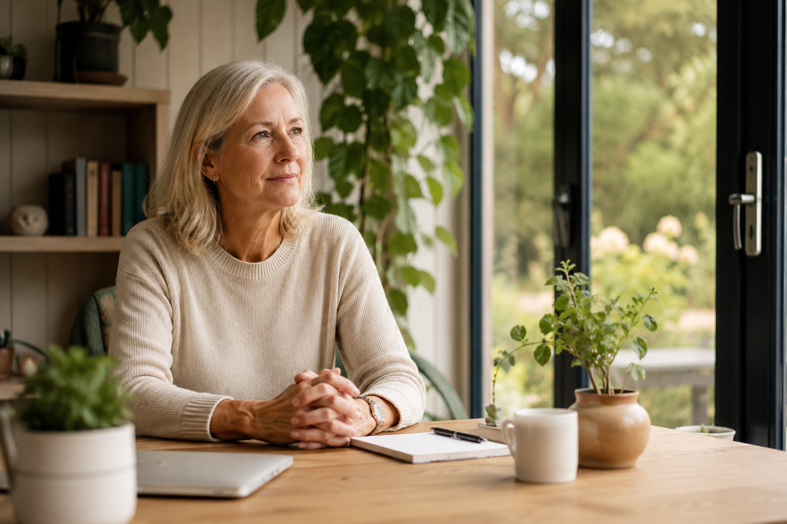 Woman with gray hair sitting thoughtfully at a wooden desk in a bright garden office, surrounded by potted plants and natural light