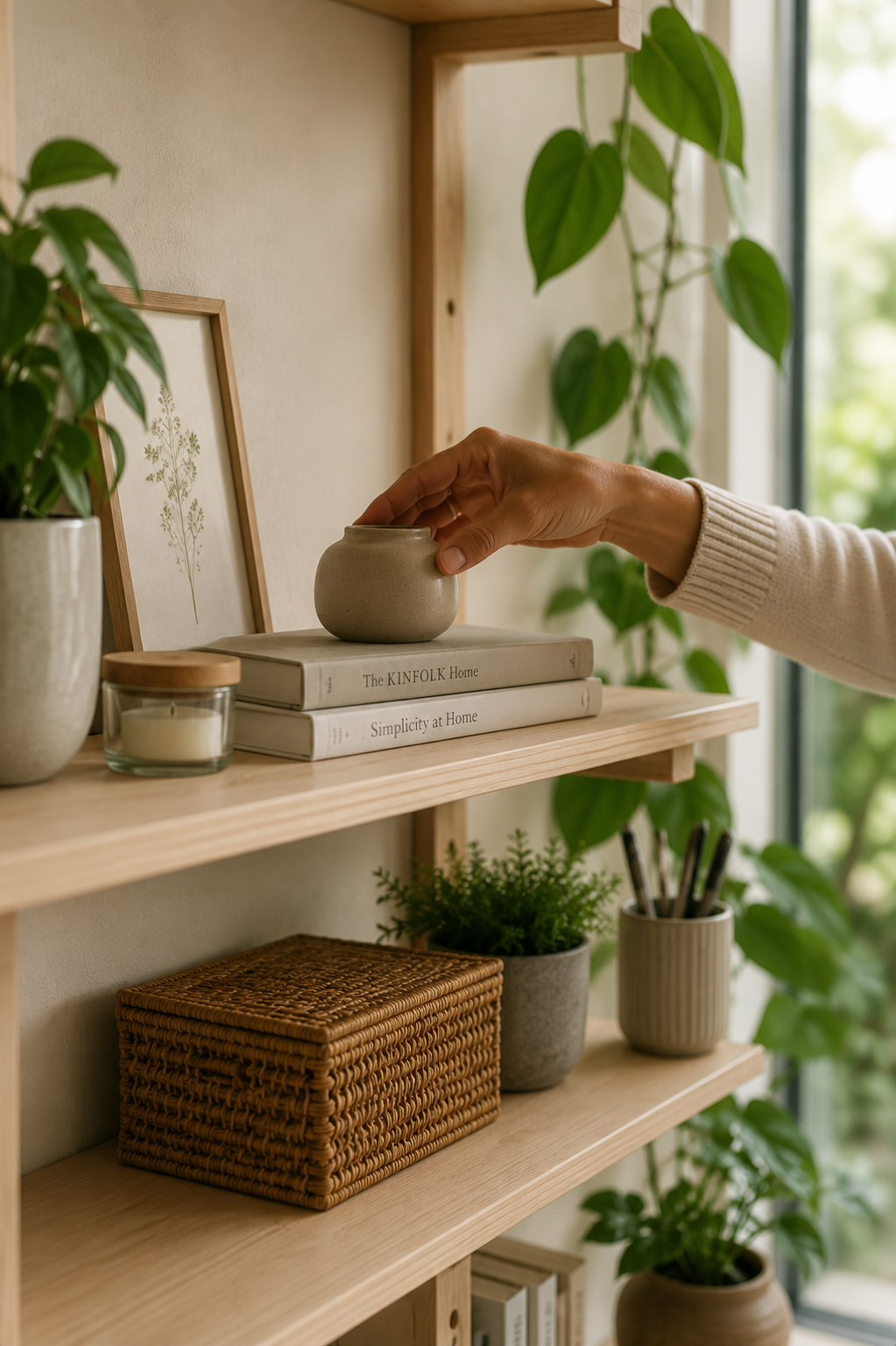 Hand gently placing a ceramic pot on a shelf among thoughtfully chosen items in a calm workspace