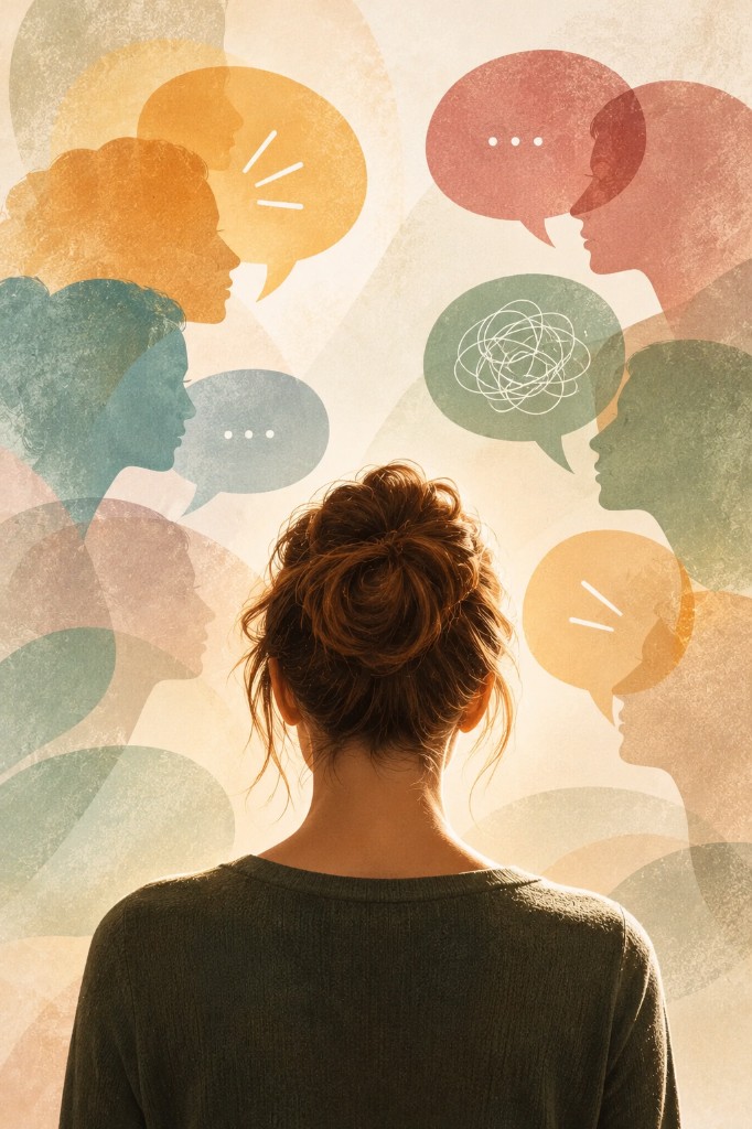 A woman seen from behind, surrounded by silhouettes and speech bubbles