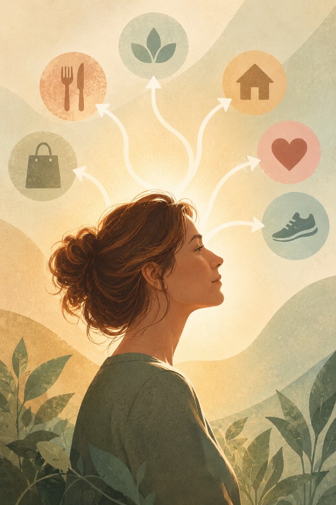 A woman in profile, with paths from her mind toward food, home, care, movement, and the outdoors